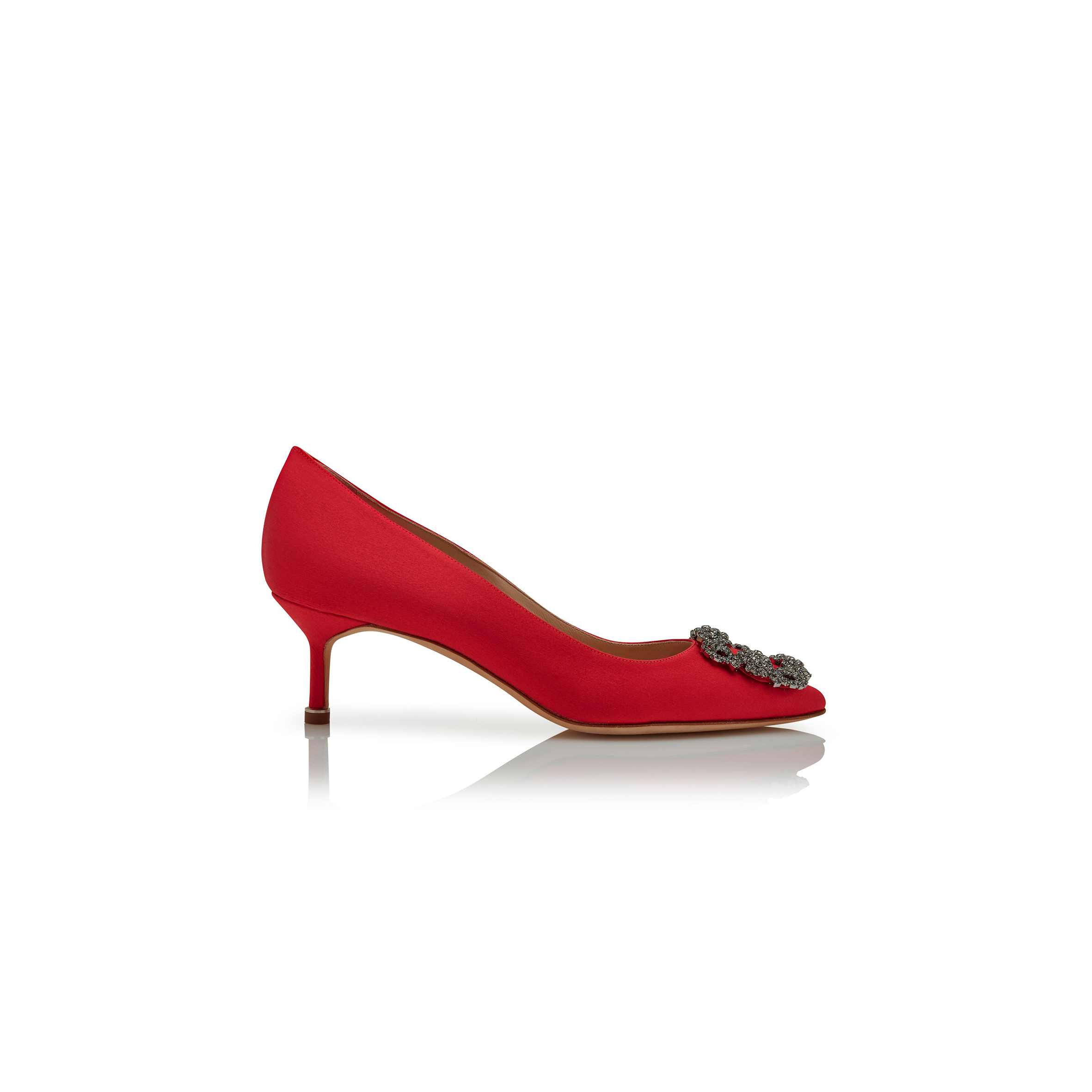 MANOLO BLAHNIK HANGISI 50 RED SATIN JEWEL BUCKLE PUMPS 9XX-0661-0033